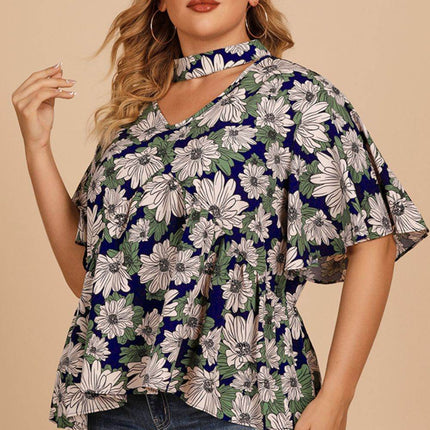 Plus Size Floral Flutter Sleeve Cutout Blouse - MimiStylez