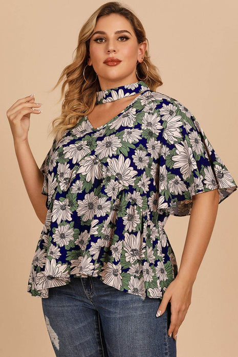 Plus Size Floral Flutter Sleeve Cutout Blouse - MimiStylez