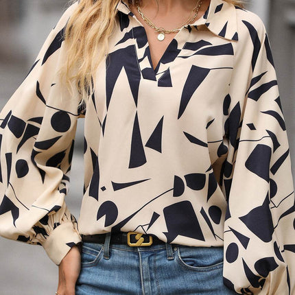 Printed Johnny Collar Blouse - MimiStylez