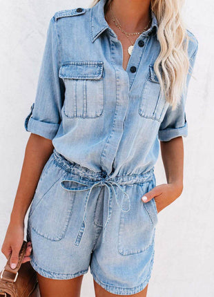 Drawstring Half Button Half Sleeve Denim Romper - MimiStylez