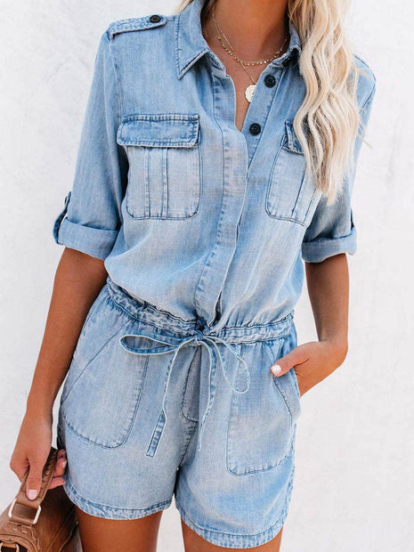 Drawstring Half Button Half Sleeve Denim Romper - MimiStylez