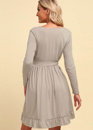 Long Sleeve Tie Waist Ruffle Hem Dress - MimiStylez