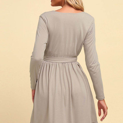 Long Sleeve Tie Waist Ruffle Hem Dress - MimiStylez