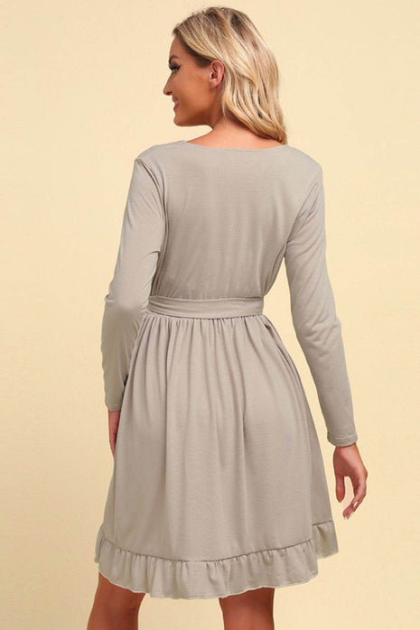 Long Sleeve Tie Waist Ruffle Hem Dress - MimiStylez