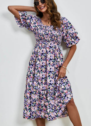Smocked Floral Square Neck Short Sleeve Dress - MimiStylez