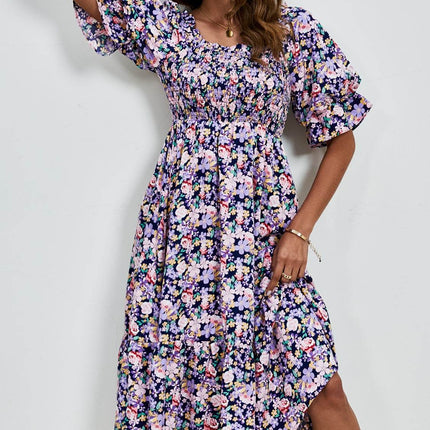 Smocked Floral Square Neck Short Sleeve Dress - MimiStylez