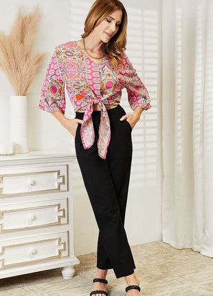 Tie Hem V-Neck Three-Quarter Sleeve Blouse - MimiStylez