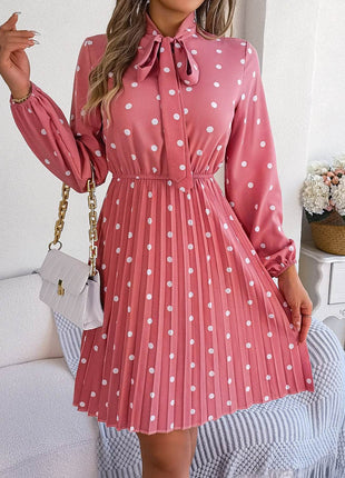 Polka Dot Tie Neck Pleated Dress - MimiStylez