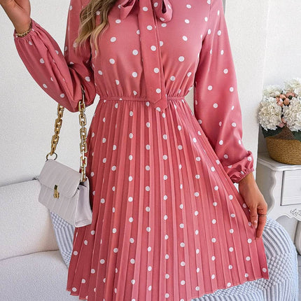 Polka Dot Tie Neck Pleated Dress - MimiStylez
