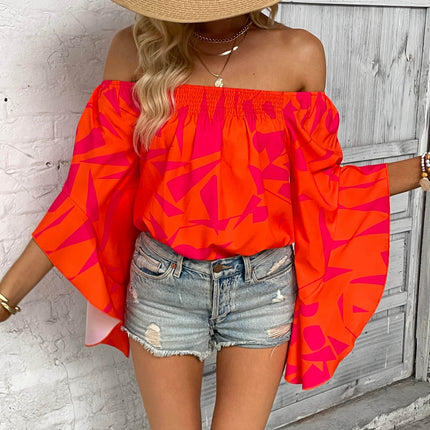 Printed Off-Shoulder Bell Sleeve Blouse - MimiStylez