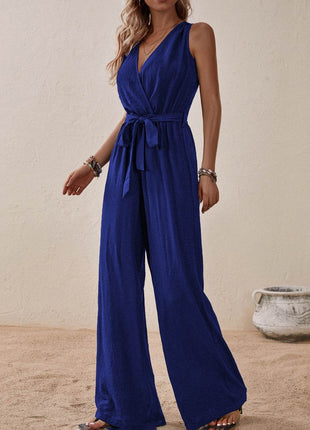 Tied Surplice Sleeveless Wide Leg Jumpsuit - MimiStylez