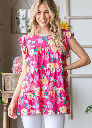 Heimish Full Size Floral Ruffle Sleeve Tiered Blouse - MimiStylez