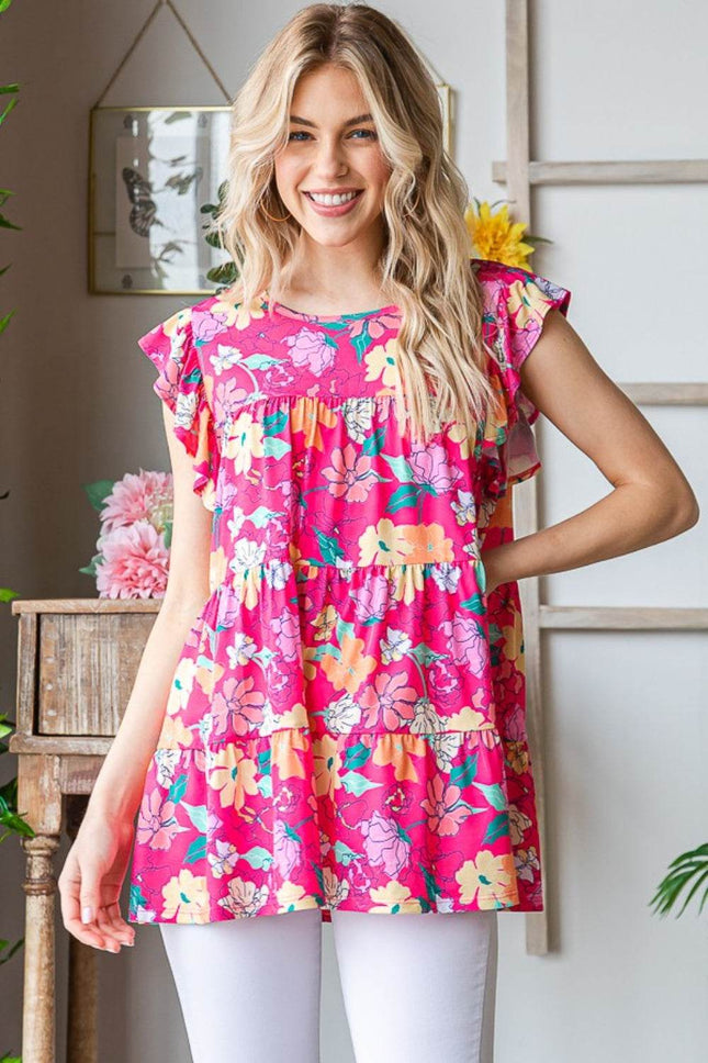 Heimish Full Size Floral Ruffle Sleeve Tiered Blouse - MimiStylez