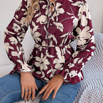 Printed Tie Neck Flounce Sleeve Blouse - MimiStylez