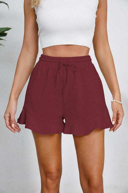 Full Size Drawstring Ruffle Hem Shorts - MimiStylez