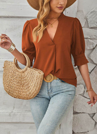 Notched Half Sleeve Blouse - MimiStylez