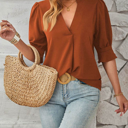 Notched Half Sleeve Blouse - MimiStylez