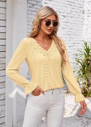 Applique V-Neck Flounce Sleeve T-Shirt - MimiStylez