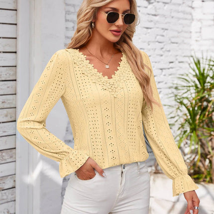 Applique V-Neck Flounce Sleeve T-Shirt - MimiStylez