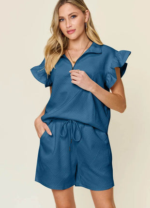 Double Take Full Size Texture Flounce Sleeve Top and Drawstring Shorts Set - MimiStylez
