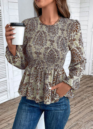Smocked Printed Balloon Sleeve Blouse - MimiStylez