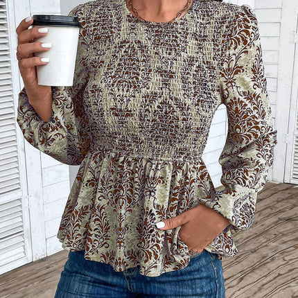 Smocked Printed Balloon Sleeve Blouse - MimiStylez