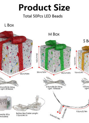 Star-Deer Pattern Options -- Set Of 3 Christmas Lighted Gift Boxes Xmas Present Ornament 50 LED Christmas Box Decorations With Ribbon Bows IP44 Waterproof Battery Powered For Indoor Outdoor Decor