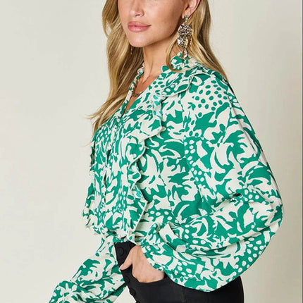 Double Take Full Size Printed Ruffle Trim Balloon Sleeve Shirt - MimiStylez