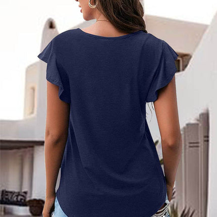 Ruffled Round Neck Cap Sleeve Blouse - MimiStylez
