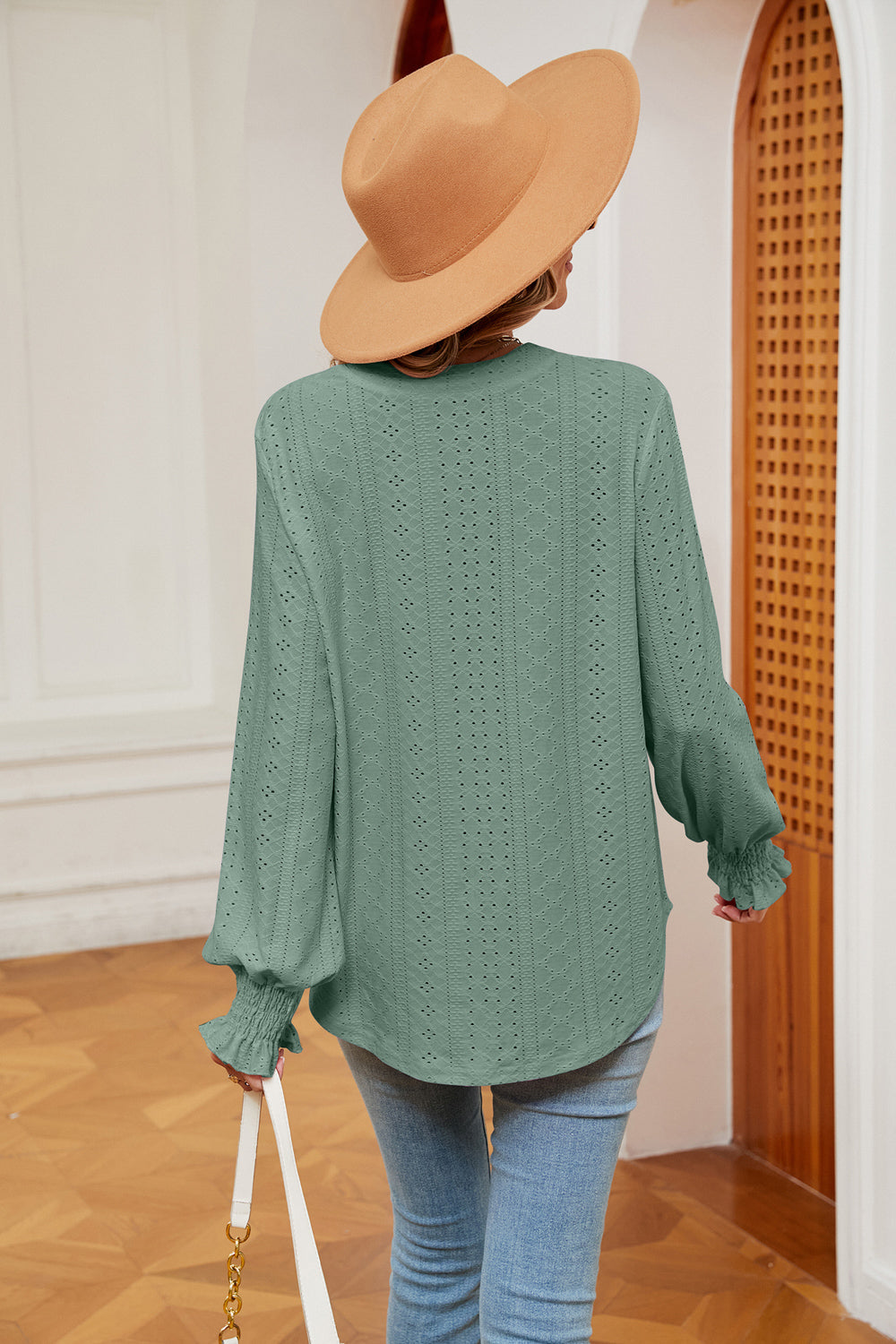 Notched Neck Flounce Sleeve Blouse