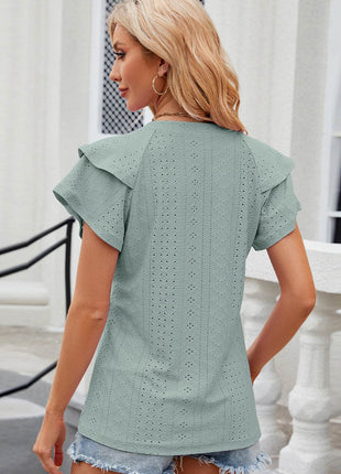 Eyelet Notched Flutter Sleeve T-Shirt - MimiStylez