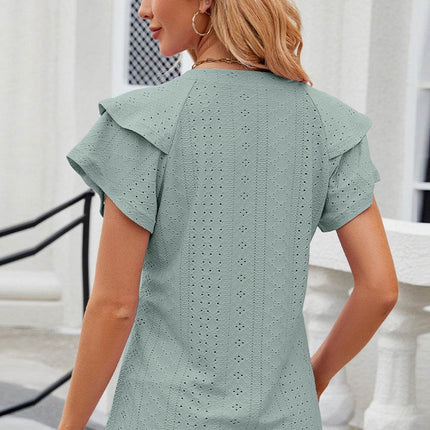 Eyelet Notched Flutter Sleeve T-Shirt - MimiStylez