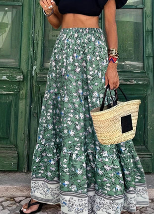 Full Size Tiered Printed Elastic Waist Skirt - MimiStylez