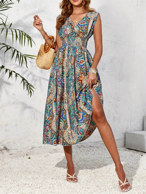 Smocked Printed Surplice Sleeveless Midi Dress - MimiStylez
