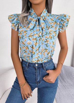 Floral Tie Neck Flutter Sleeve Blouse - MimiStylez