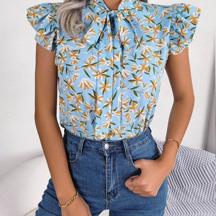 Floral Tie Neck Flutter Sleeve Blouse - MimiStylez