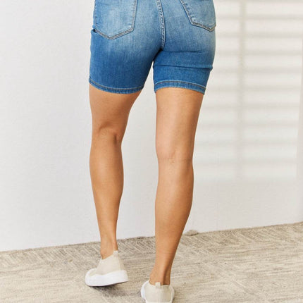 Judy Blue Full Size Tummy Control Double Button Bermuda Denim Shorts - MimiStylez