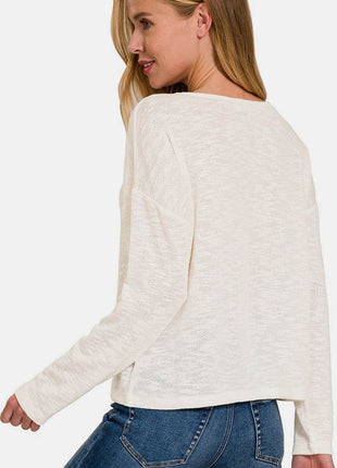 Zenana V-Neck Dropped Shoulder Long Sleeve T-Shirt - MimiStylez