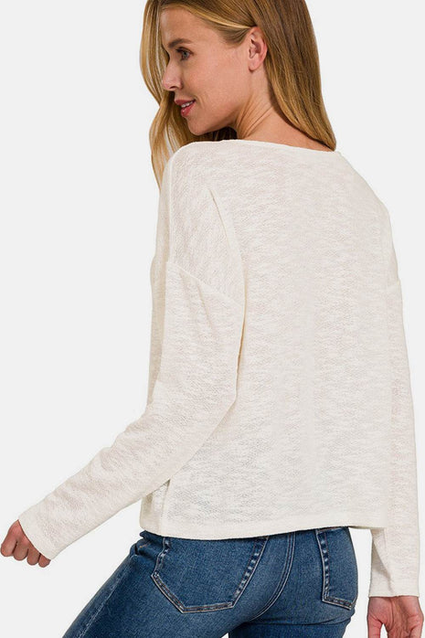 Zenana V-Neck Dropped Shoulder Long Sleeve T-Shirt - MimiStylez