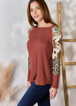 Hailey & Co Full Size Leopard Waffle-Knit Blouse - MimiStylez