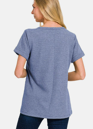 Zenana Notched Short Sleeve Waffle T-Shirt - MimiStylez