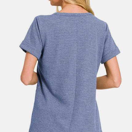 Zenana Notched Short Sleeve Waffle T-Shirt - MimiStylez
