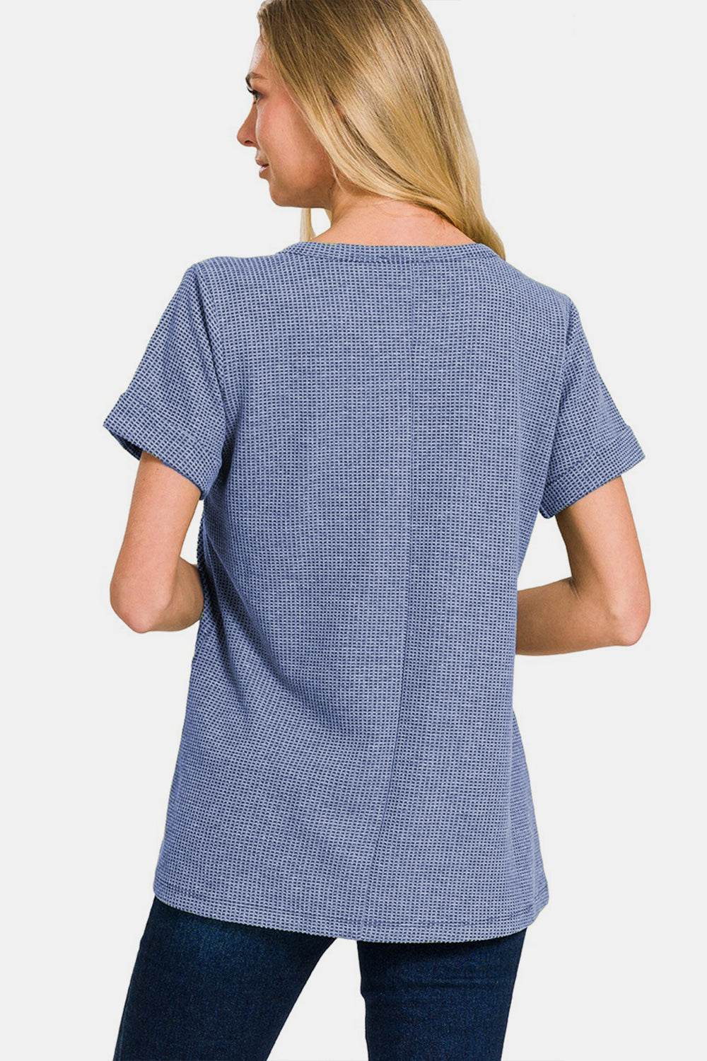 Zenana Notched Short Sleeve Waffle T-Shirt - MimiStylez