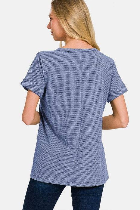 Zenana Notched Short Sleeve Waffle T-Shirt - MimiStylez