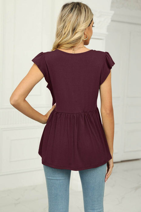 V-Neck Flutter Sleeve Babydoll Blouse - MimiStylez