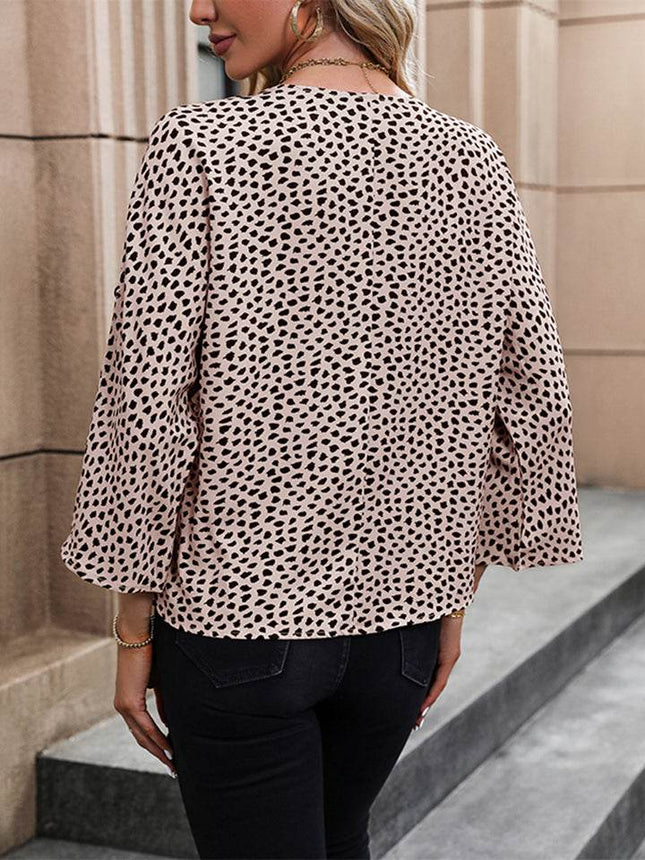 Printed V-Neck Roll-Tab Sleeve Blouse - MimiStylez