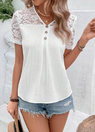 Lace V-Neck Short Sleeve Blouse - MimiStylez