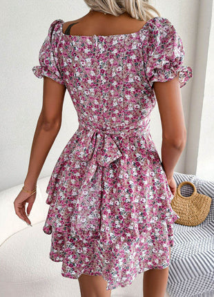 Floral Sweetheart Neck Flounce Sleeve Mini Dress - MimiStylez
