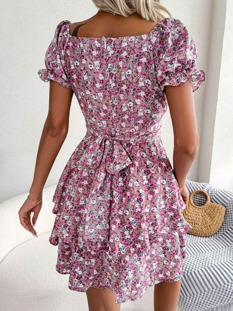 Floral Sweetheart Neck Flounce Sleeve Mini Dress - MimiStylez