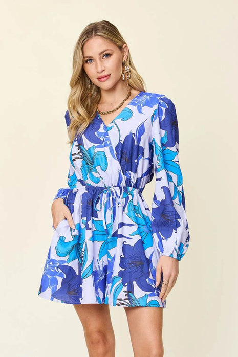 Double Take Full Size Floral Long Sleeve Romper with Pockets - MimiStylez